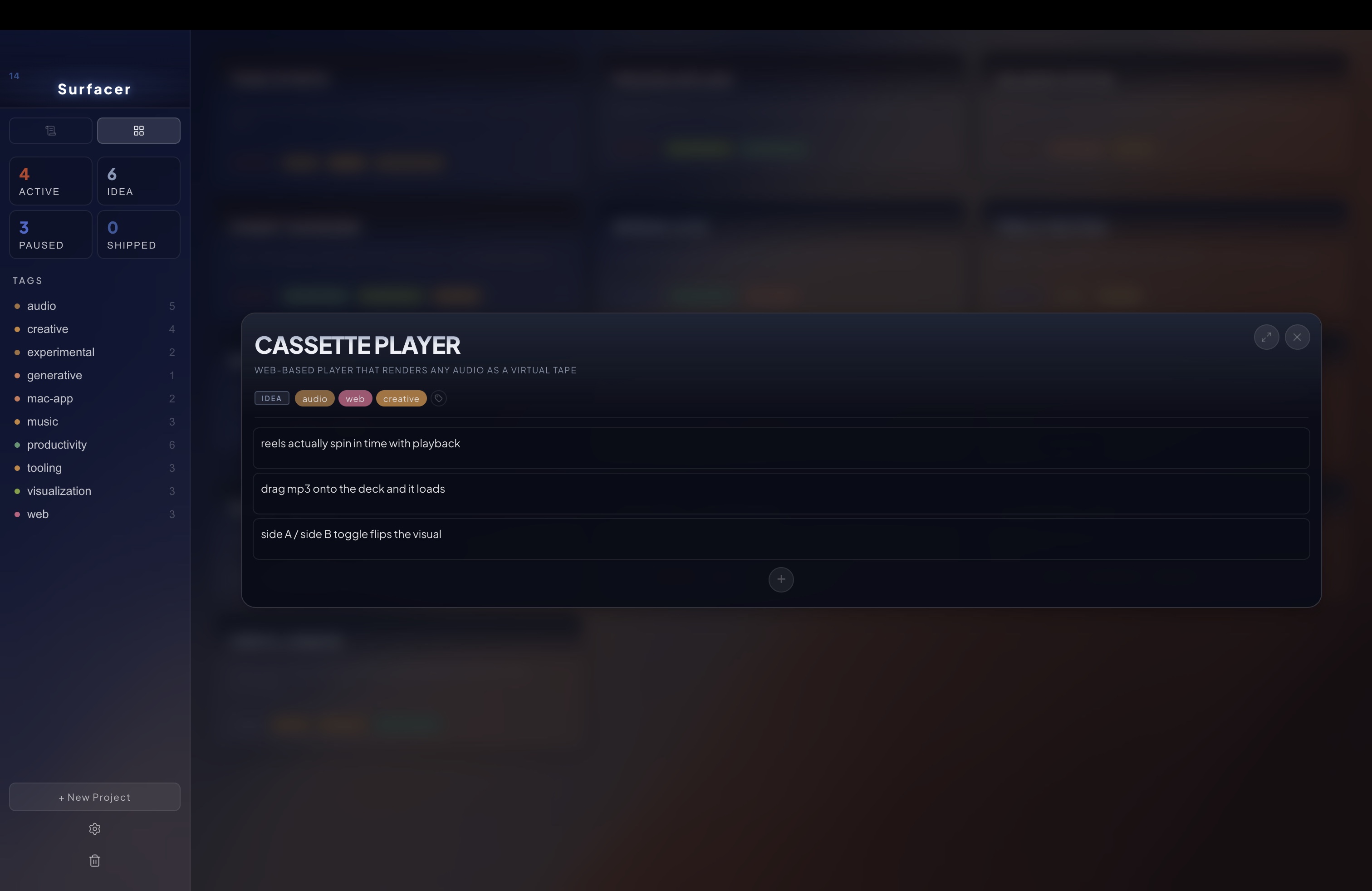 Project modal opened on the board — Surfacer