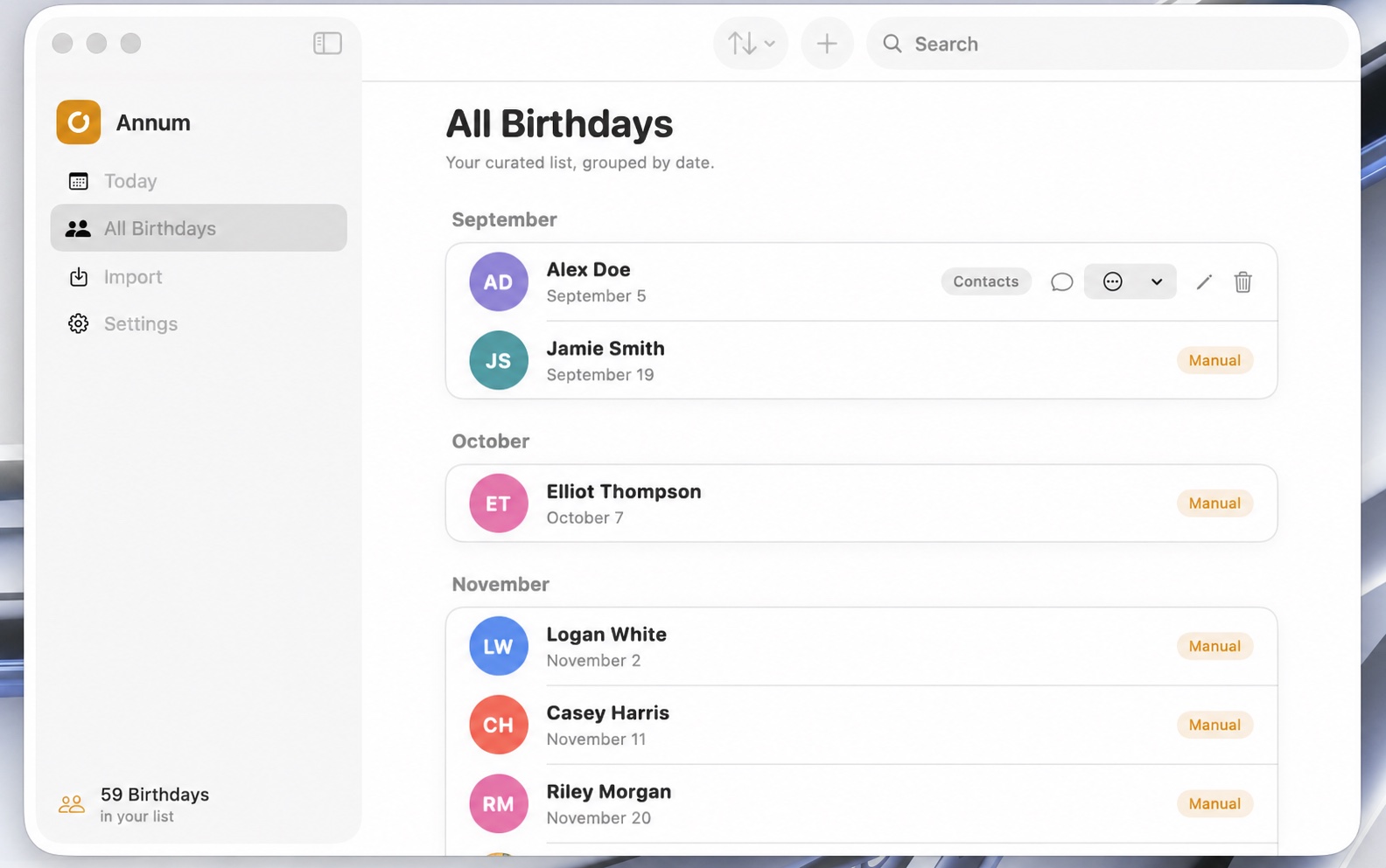 All birthdays grouped by month — Annum
