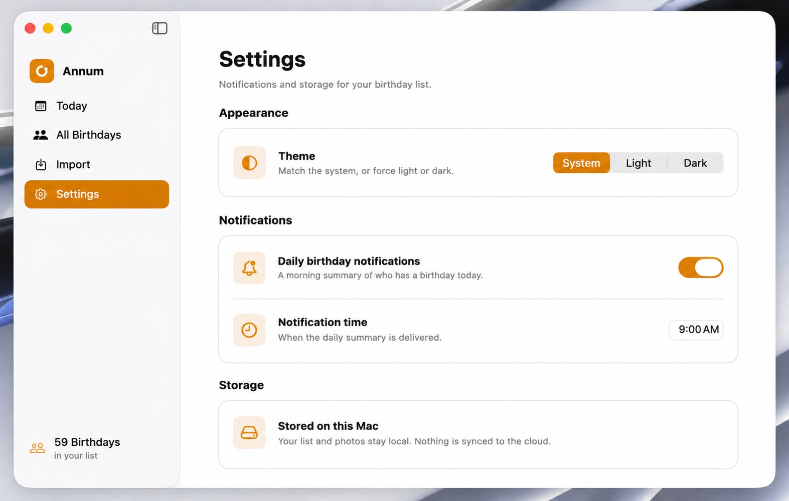 Settings — local-only storage — Annum