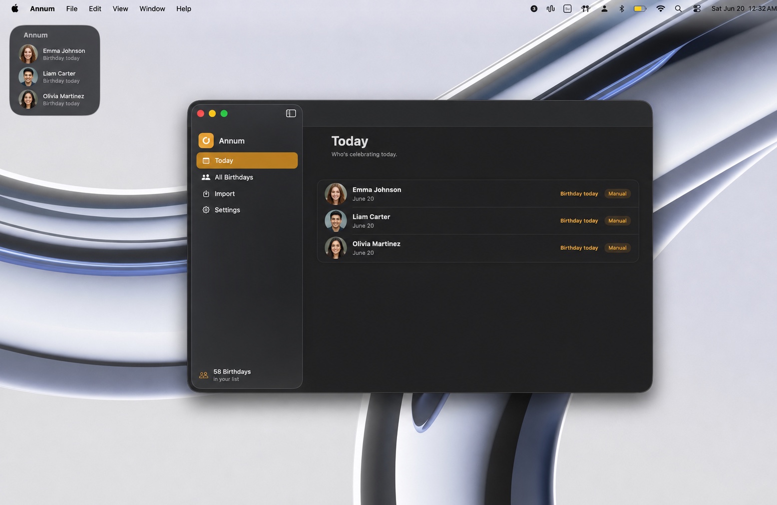 Annum — today's birthdays in the macOS app, with companion desktop widget