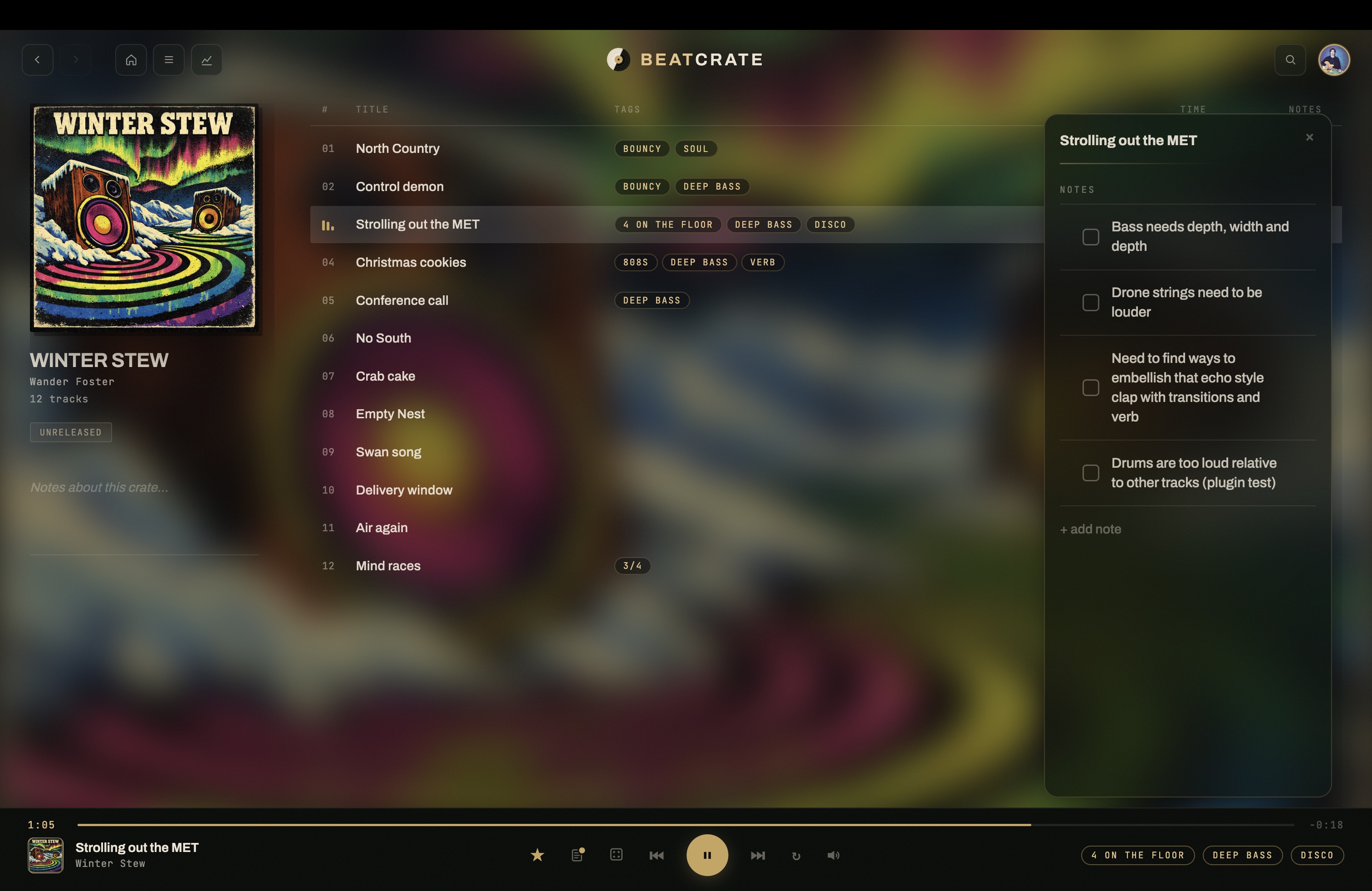 Notes panel — BeatCrate