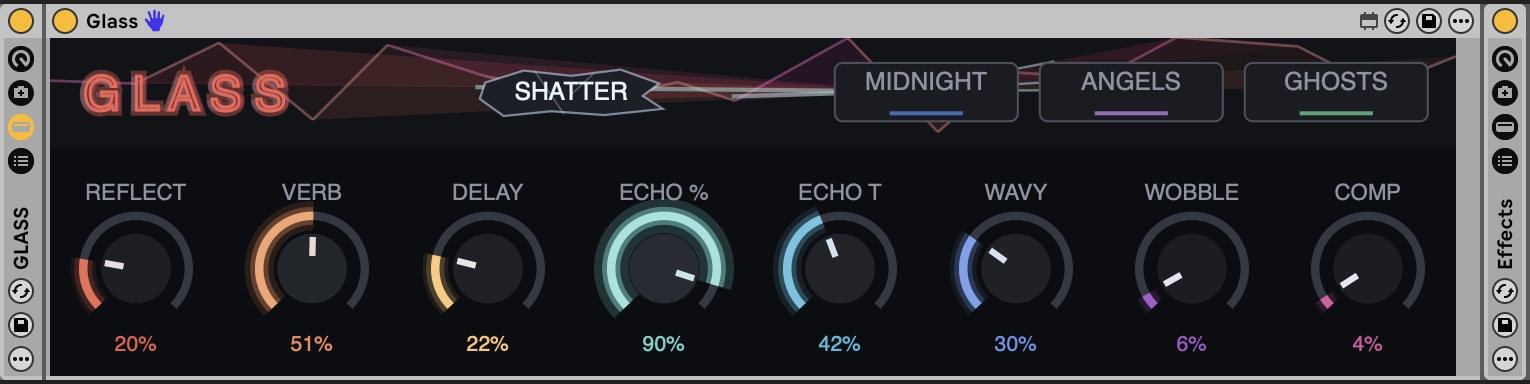 GLASS plugin — 8-macro reverb/delay device with shard header