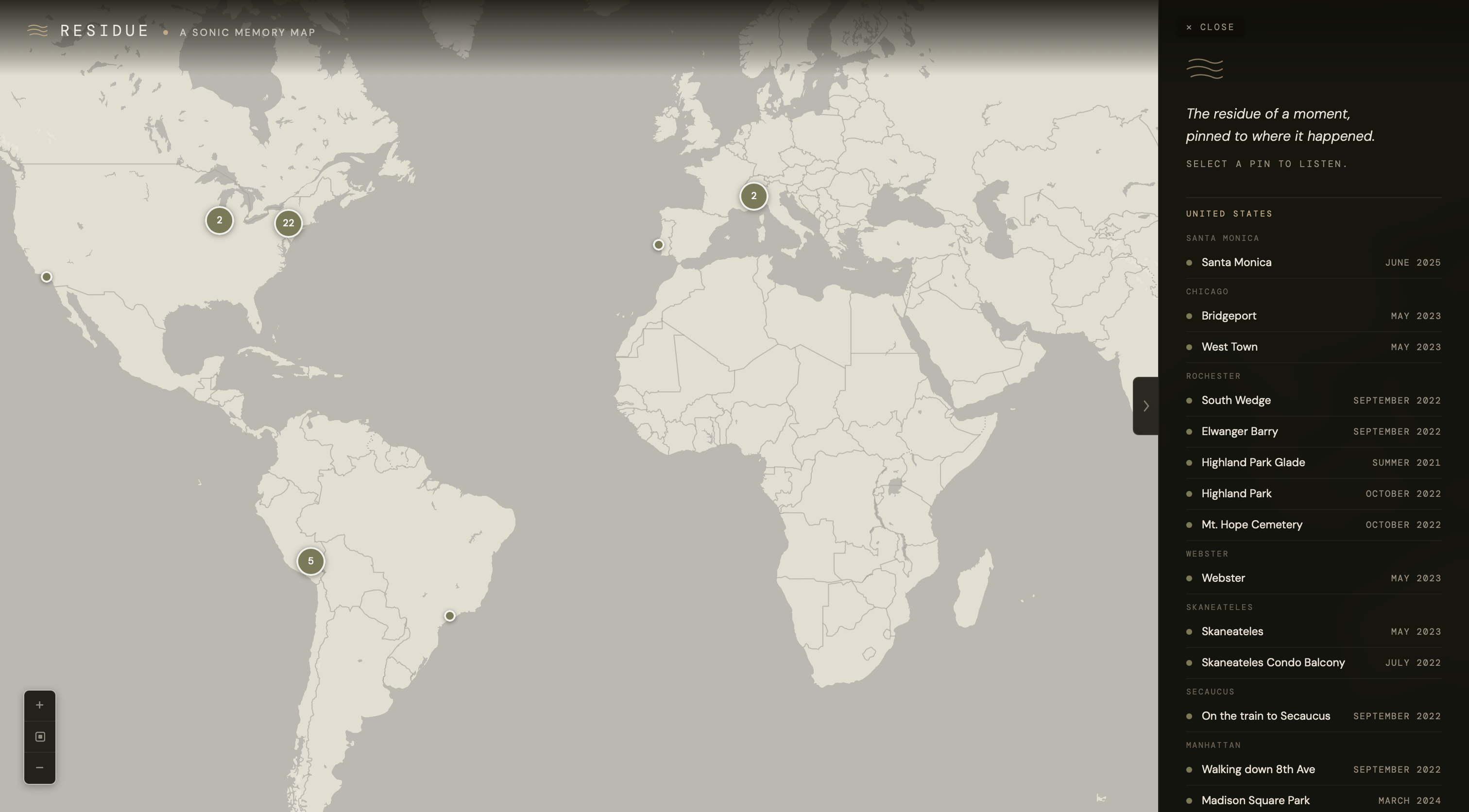 Residue — world map with recording pins